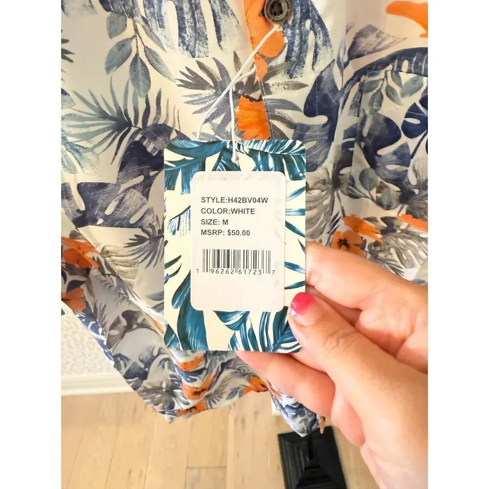 Havana Jim Men's White Blue Floral-Print Hawaiian Shirt Size M